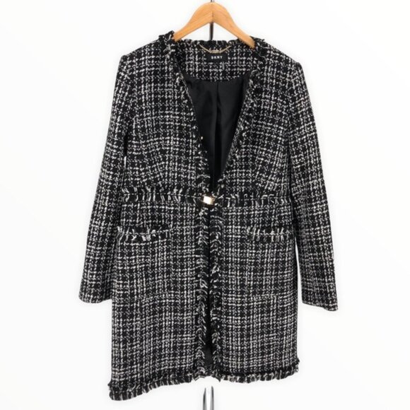 DKNY Black Long Tweed Topper Jacket - Picture 4 of 15